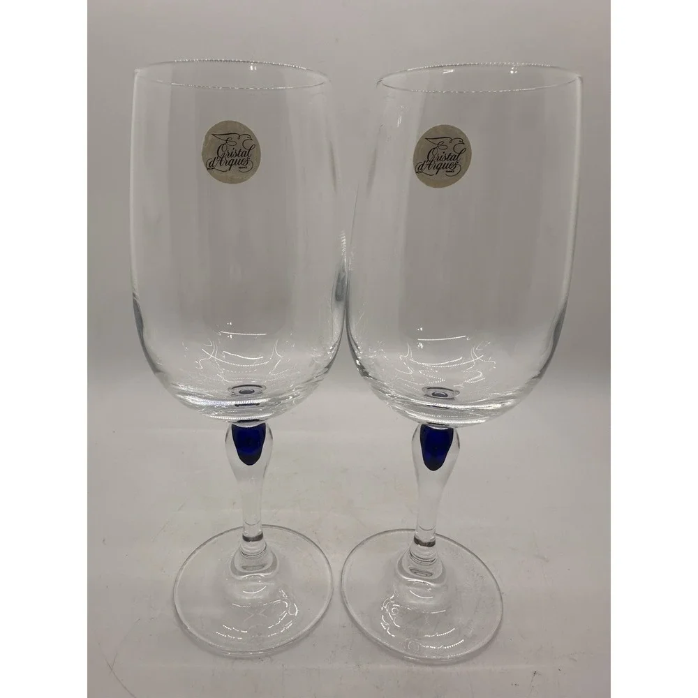 Pair Cristal d'Arques Courvoisier Blue Stem Lead Crystal Wine Glasses France